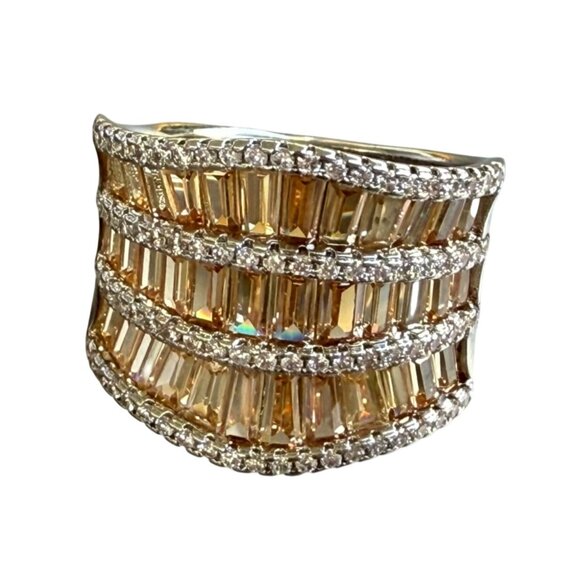 Wide Gold & Silver Tone Statement Ring With Baguette & Round-Cut Crystals 11 - Picture 2 of 8